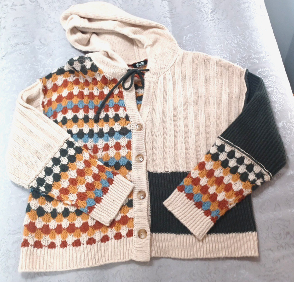 Miss Me Women's Cardigan Sweater Hood Tie Beige Check Aztec Sz M Acrylic Country